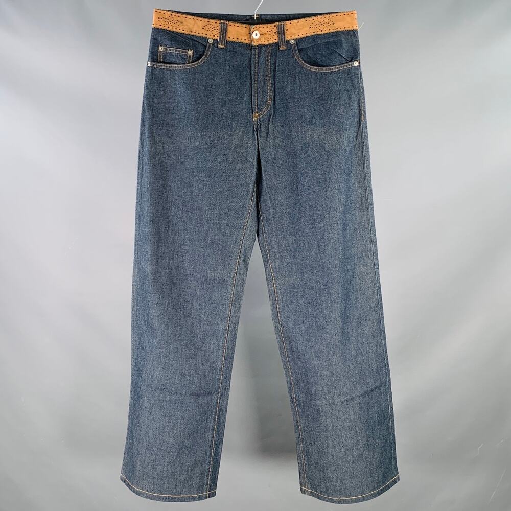 35 Blue Tan Perforated Leather Cotton Denim Wide Leg Jeans